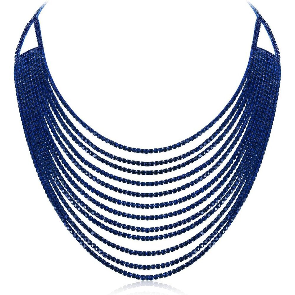 🆕 Women Blue Multi Layered Chunky Collar Necklace Glitter Rhinestone Jewelry
